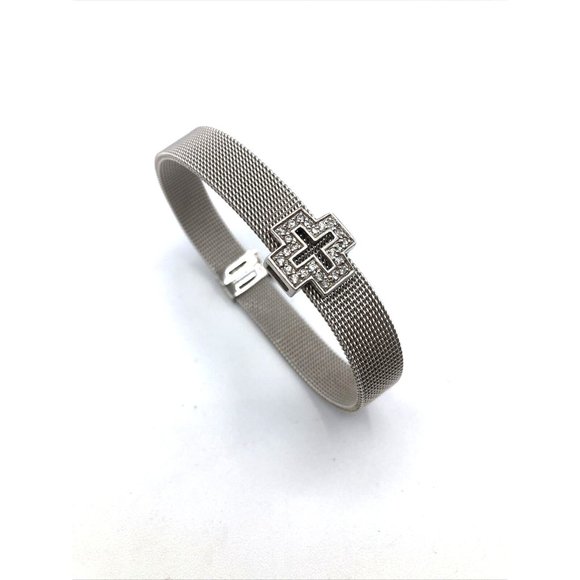 Sterling Silver Mesh Bracelet with CZ Cross Bracelet 7" - Picture 3 of 9